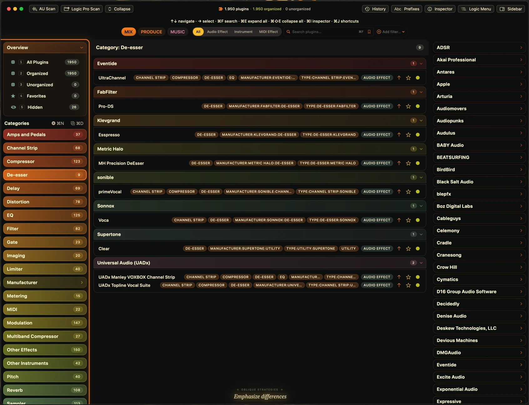 Logic Plugin Organizer showing 1,290 scanned plug-ins organized into color-coded categories, with the Delay category open and a plug-in inspector panel