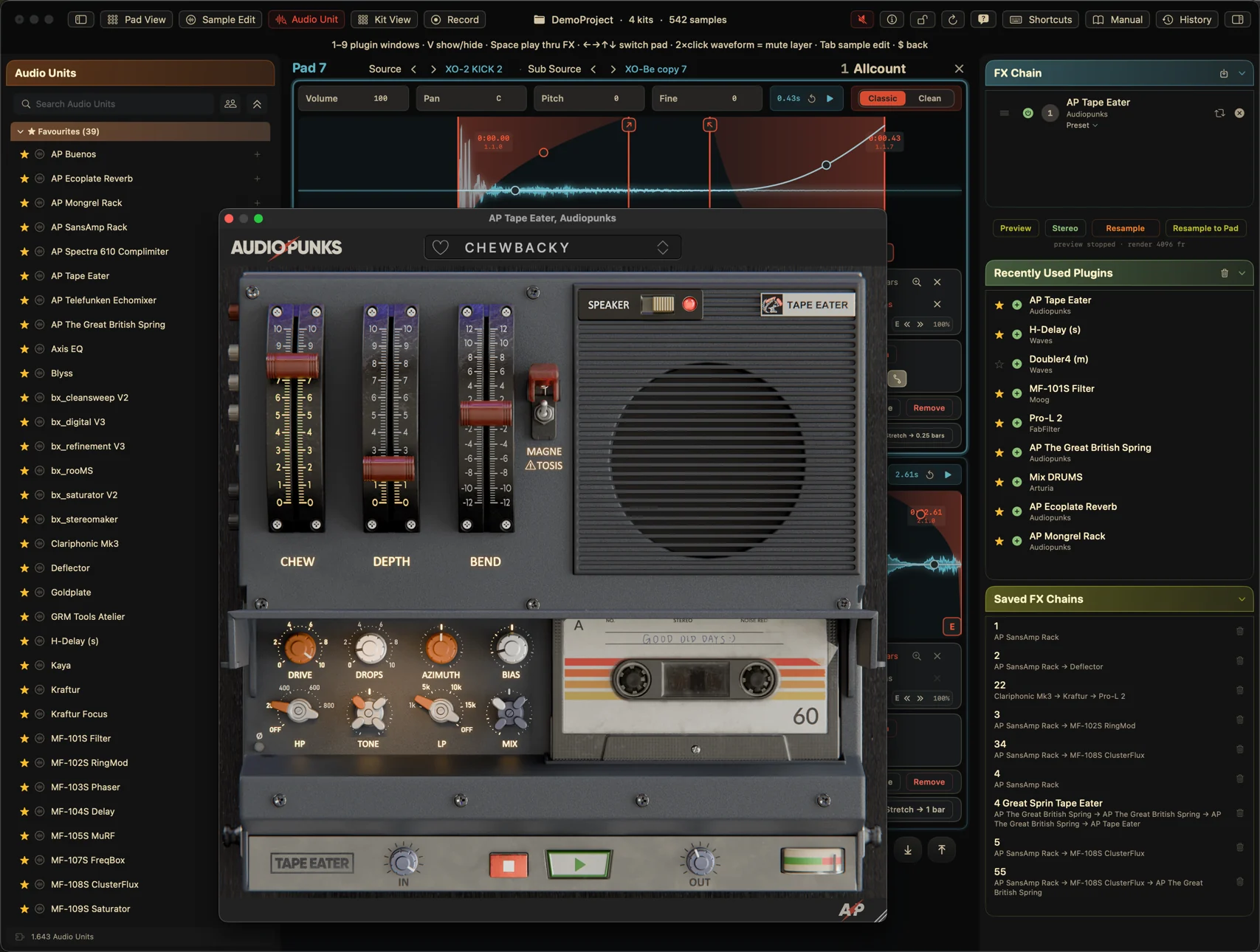 The Audio Unit processing window with a third-party plug-in loaded on a pad sample, previewing before render.