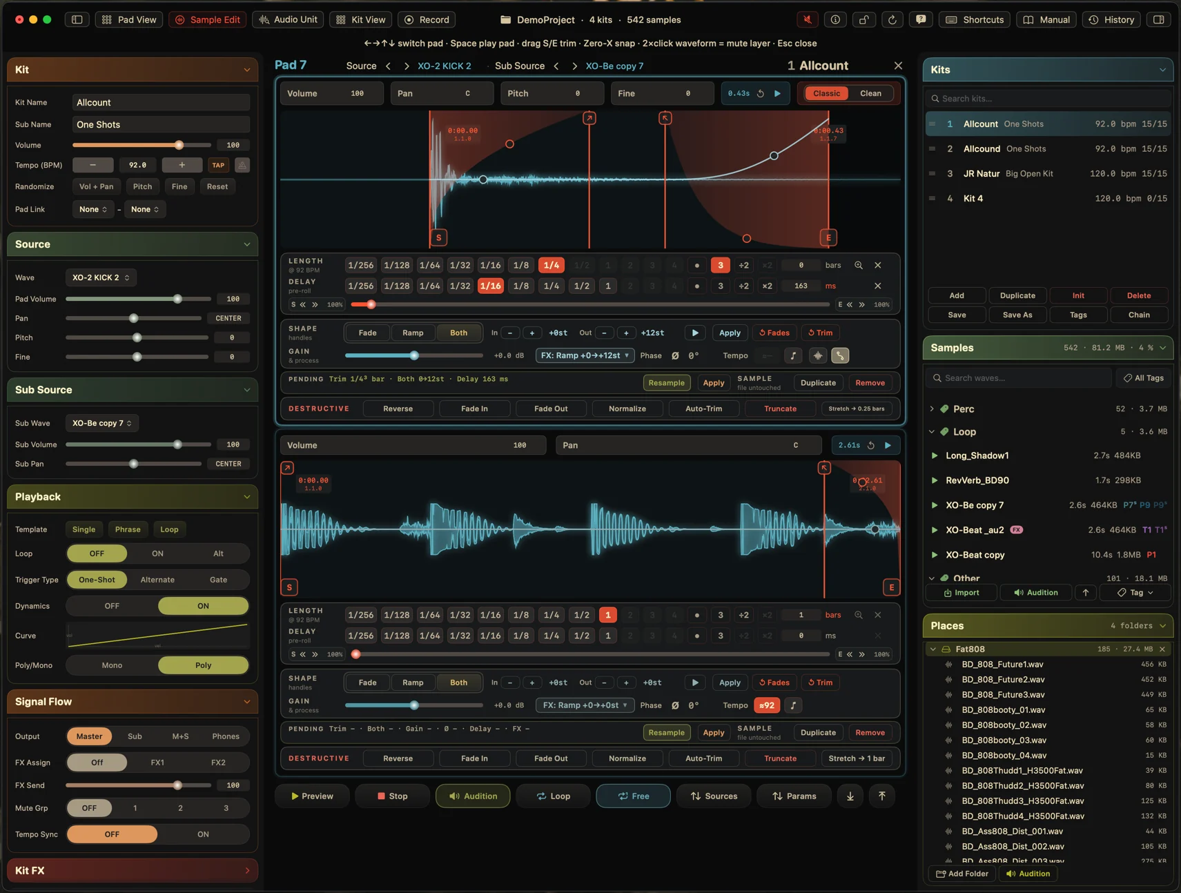 The sample editor open on a snare hit, with start and end markers on the waveform and controls for volume, pan, pitch, fade and normalize.