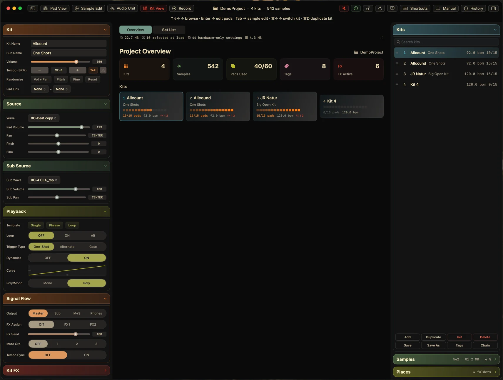 The project overview listing eleven kits with pad usage, tempo and effect counts for each.
