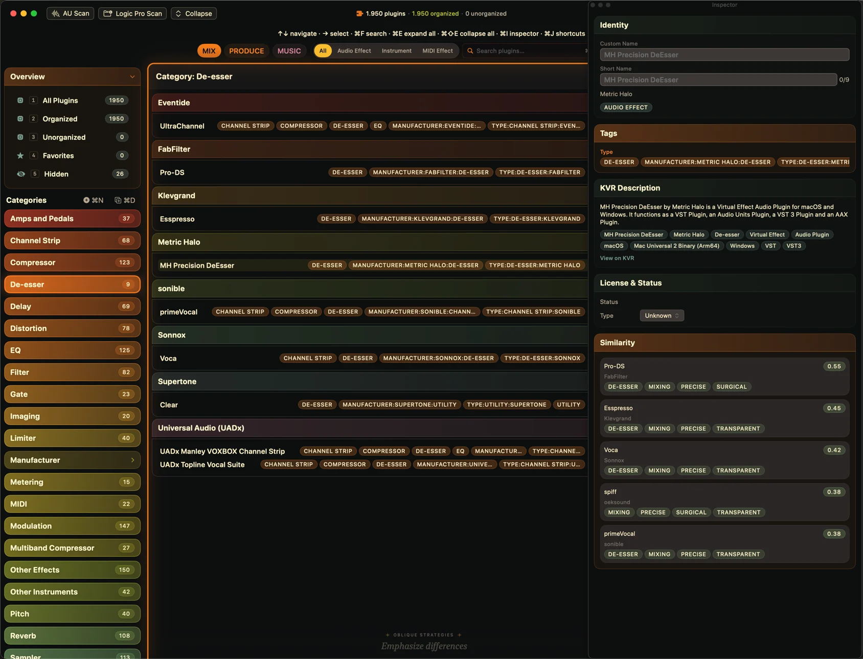 The inspector open on one de-esser: an Identity block with Custom Name and Short Name fields, the plug-in's tags, a KVR description with its own set of tags and a View on KVR link, a License and Status block, and a Similarity list of five comparable plug-ins scored from 0.55 down to 0.38, each showing the descriptive tags it shares.
