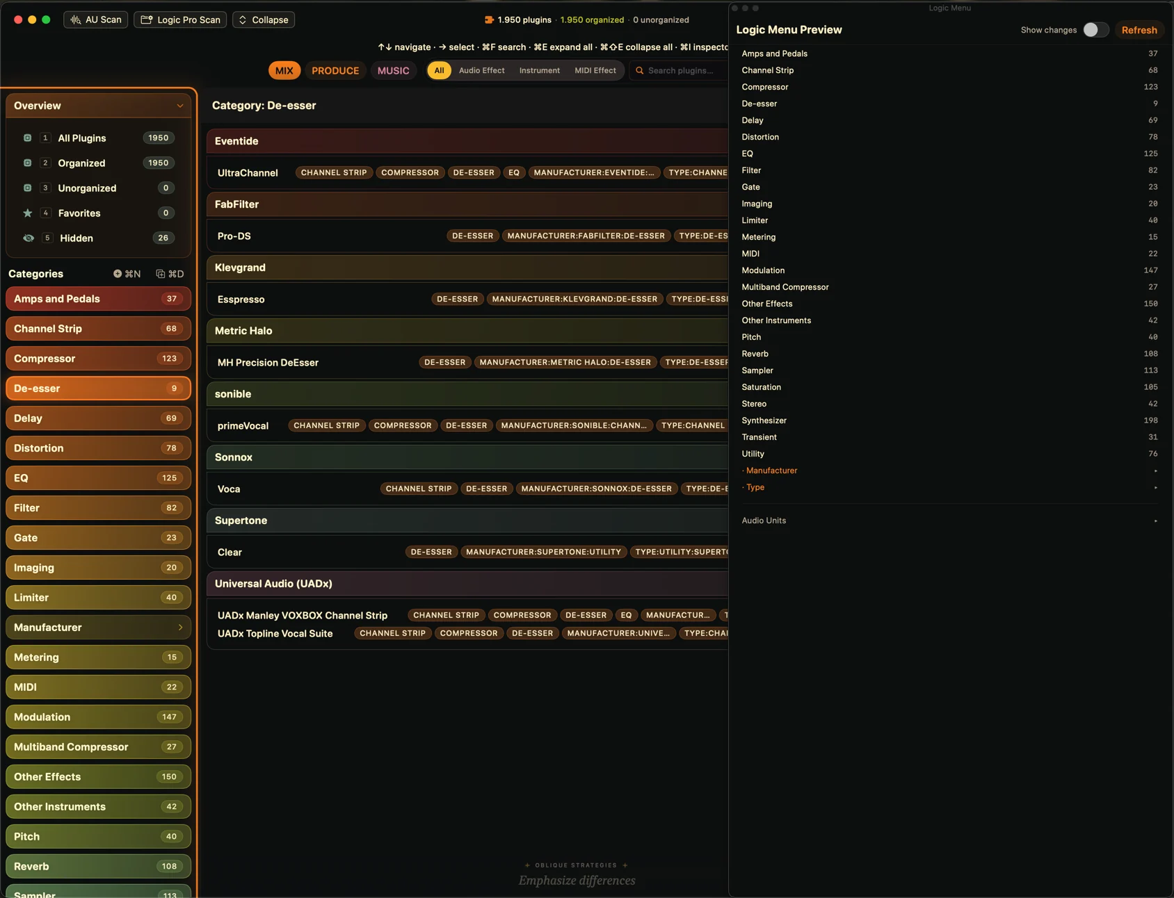 The Logic Menu Preview window open beside the library, listing every category with the number of plug-ins in it, then the Manufacturer and Type submenu roots and Audio Units below them, carrying the same counts the category list on the left is showing.