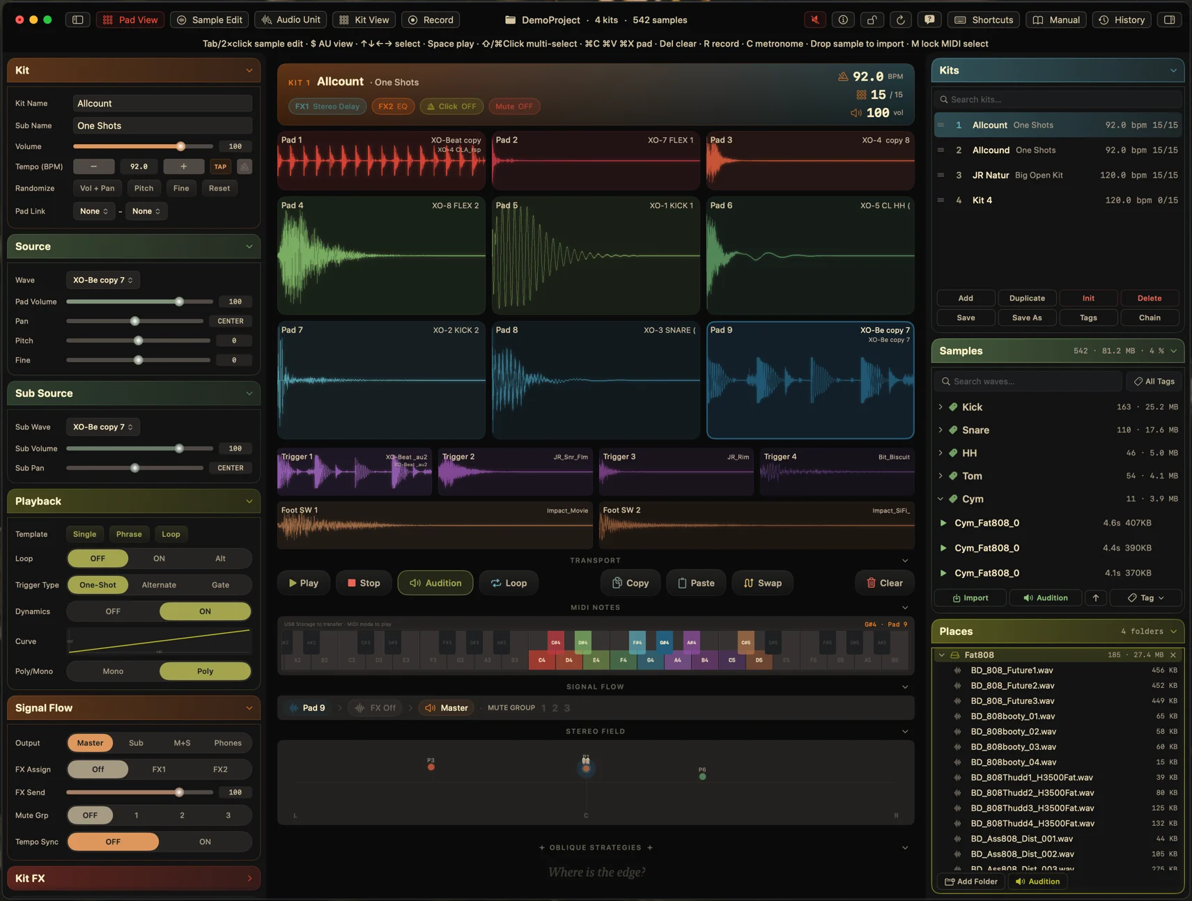 SPD-SX Editor's pad view: nine pads each showing the waveform of the sample loaded on it, four trigger rows and two foot-switch rows beneath them, with the kit settings, the kit list and the tagged sample browser around them.