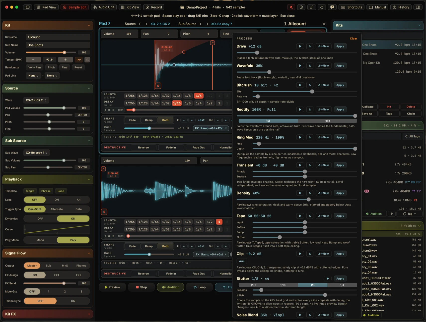 The process panel open over the sample editor, listing Drive, Wavefold, Bitcrush, Rectify, Ring Mod, Transient, Density, Tape, Clip, Stutter and Noise Blend, each with its own sliders, a line of text describing what it does, and its own preview and apply buttons.