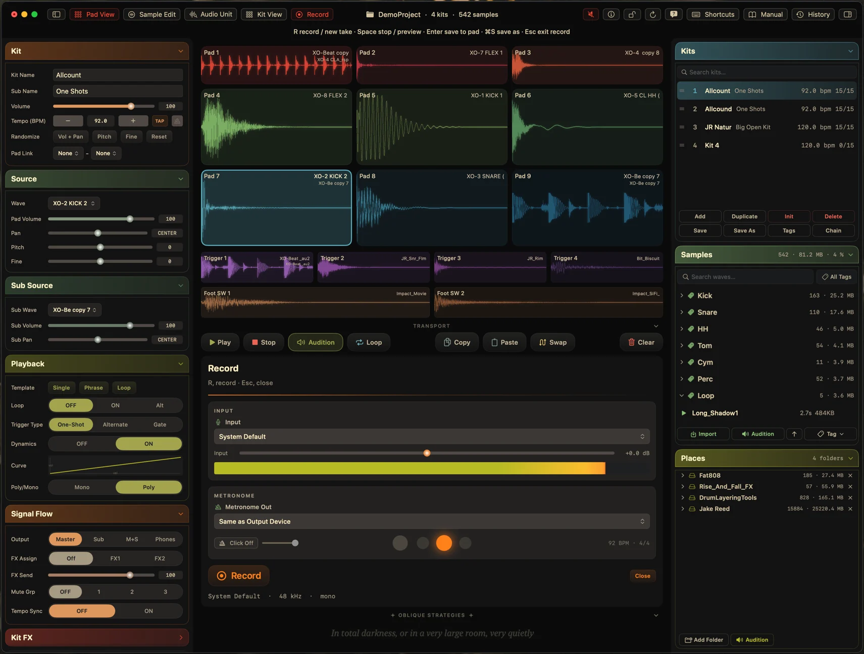 The record panel open beneath the pad grid, with an input device picker, an input level slider and meter, a metronome section showing four beat dots with the tempo and time signature beside them, and the Record button.