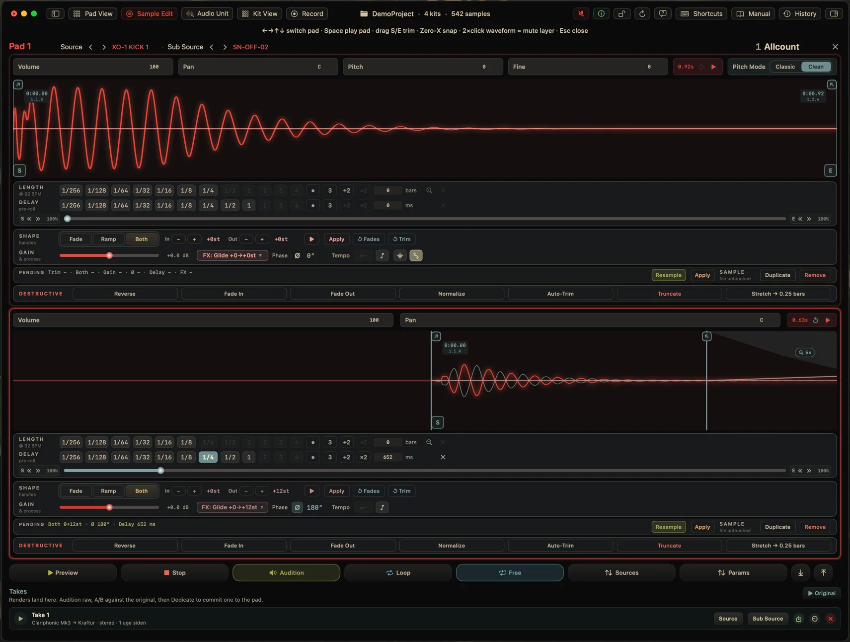 The Sample Edit view with the Takes row open beneath it: a heading reading Takes with the line about renders landing there, an Original button on the right, and one take listed with a play button, the plug-in chain it was rendered through, whether it is stereo, how long ago it was made, and buttons to assign it to the pad's Source or Sub Source.