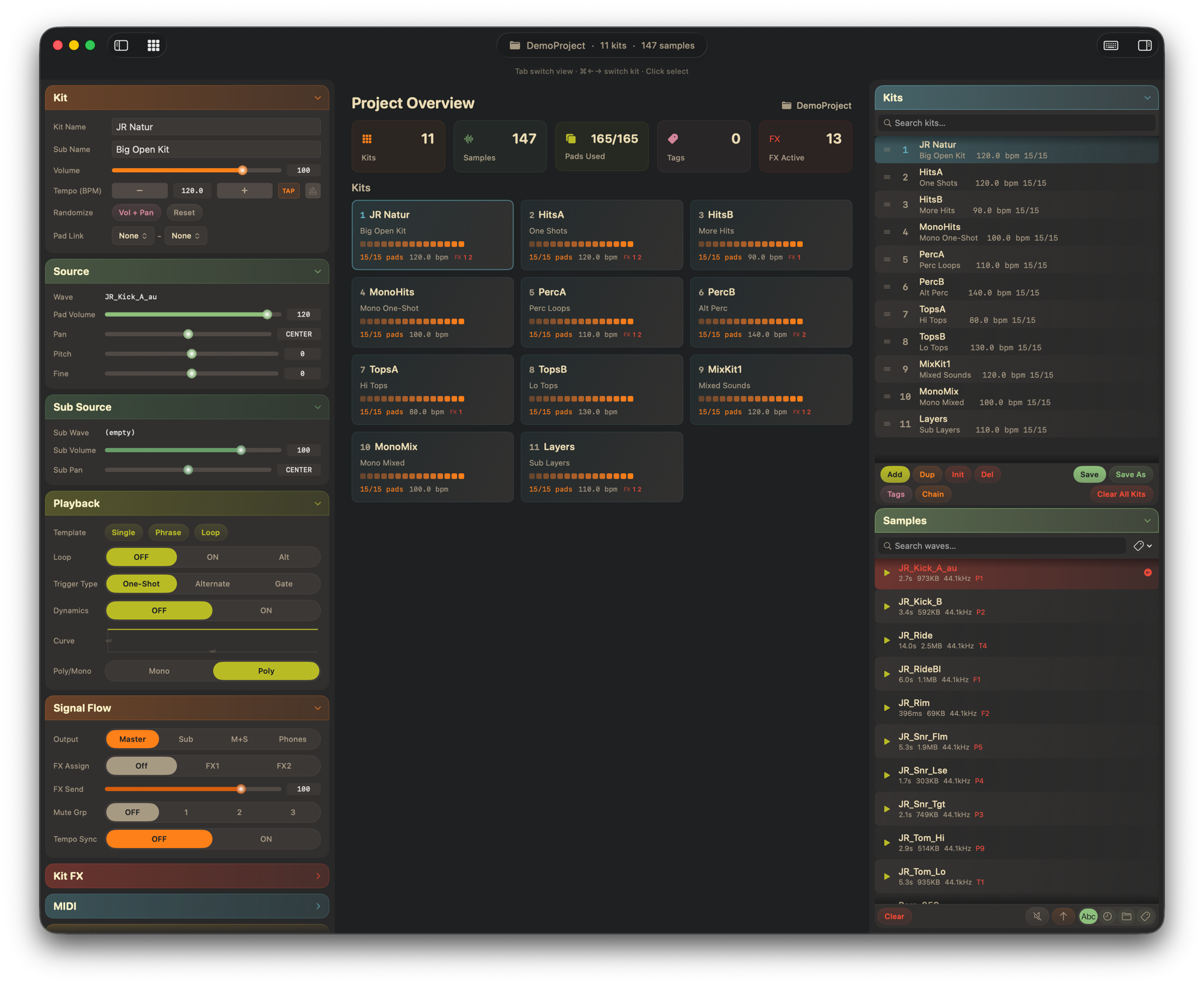SPD-SX Editor — project overview with all kits